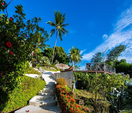 a pathway with flowers and a palm tree in the background at Pousada Natureza in Morro de São Paulo