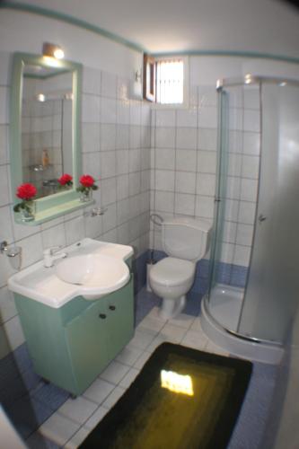 ein Bad mit einem Waschbecken, einem WC und einer Dusche in der Unterkunft Villa Gianitsi in Agios Gordios