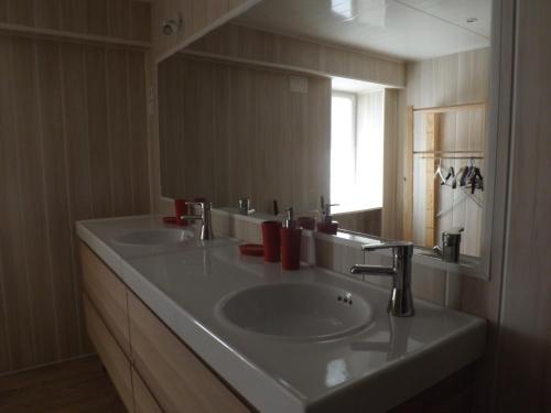 ein Badezimmer mit zwei Waschbecken und einem großen Spiegel in der Unterkunft La Chuchotiere in Sainte-Maure-de-Touraine