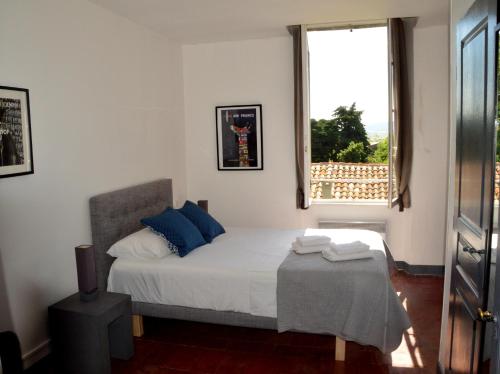 une chambre avec un lit avec des oreillers bleus et une fenêtre dans l'établissement Le Voyageur - Chambres d'Hôtes, à Olonzac