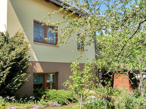 ein Haus mit zwei seitlichen Fenstern in der Unterkunft Apartment with views of the Ore Mountains in Oelsnitz