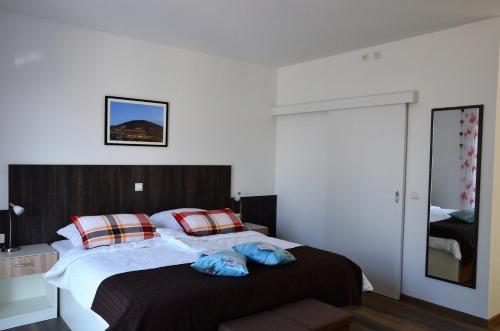 a bedroom with a large bed and a mirror at Gästehaus Am Hochsimmer in Ettringen