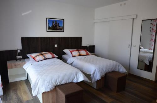 a bedroom with two beds and a mirror at Gästehaus Am Hochsimmer in Ettringen