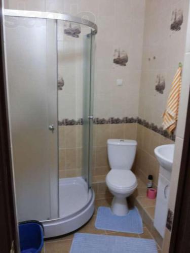 a bathroom with a shower and a toilet and a sink at Apartment Danchehko 3b in Chornomorsk