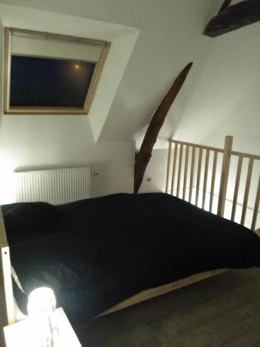 シャンブレー・レ・トゥールにあるGite a proximite de Toursのベッドルーム1室(ベッド1台、黒毛布付)
