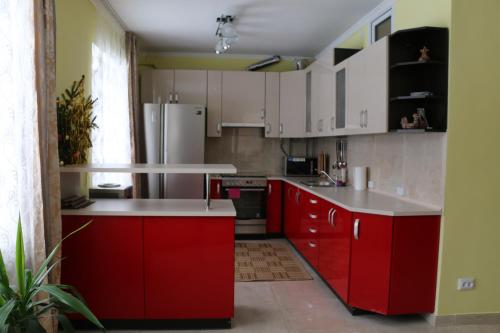 une cuisine avec des armoires rouges et un réfrigérateur blanc dans l'établissement Nadiira, à Slavsko