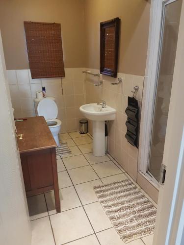 a bathroom with a toilet and a sink and a shower at Greenfields Guesthouse & Restaurant in Alberton