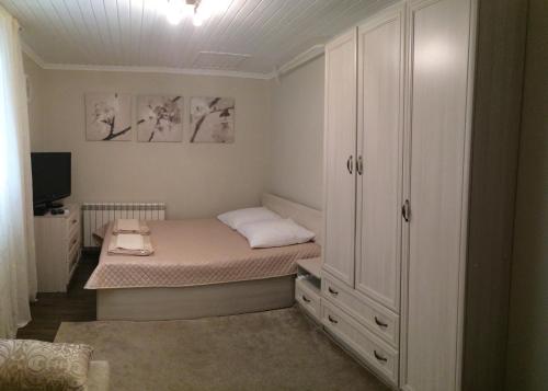 アナパにあるАпартаменты на Пушкина,д.12の小さなベッドルーム(ベッド1台、キャビネット付)