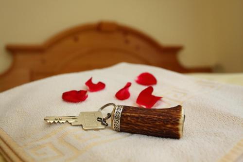 a gun laying on top of a bed with roses at Appartements Wirnsperger in Grossarl