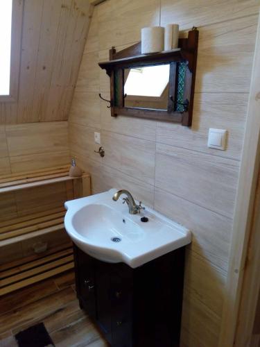 a bathroom with a sink and a bath tub at Chalúpka v Ždiari in Ždiar