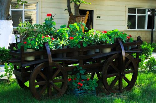 a wooden cart filled with flowers in front of a house at Vilesh Palace Hotel in Masallı