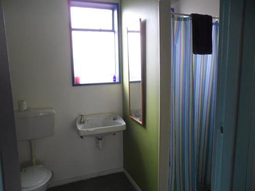 a bathroom with a sink and a toilet and a window at Sequoia Lodge Backpackers in Picton