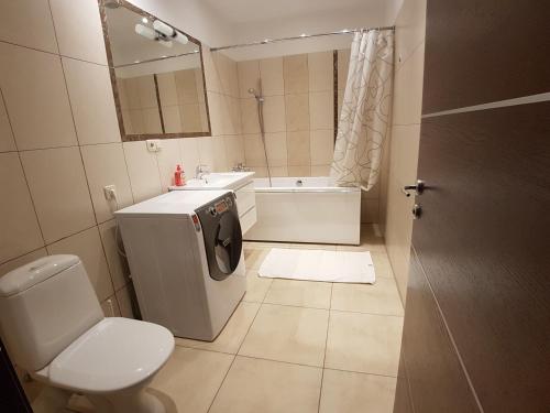 Maza Krumu 28 في ريغا: حمام مع مرحاض ومغسلة وحوض استحمام