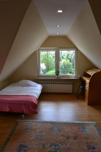 a attic room with a bed and a window at Dom u Ewy Bory Tucholskie in Śliwice