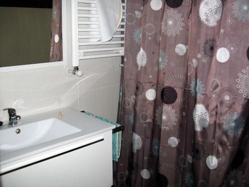 een badkamer met een wastafel en een douchegordijn bij Apartments Luna 19 in Alcañiz