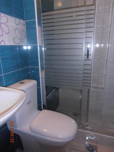 a bathroom with a toilet and a sink and a shower at Oscar in Paralia Katerinis