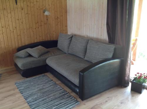 a black couch in a living room at Dobilas ir jura in Palanga