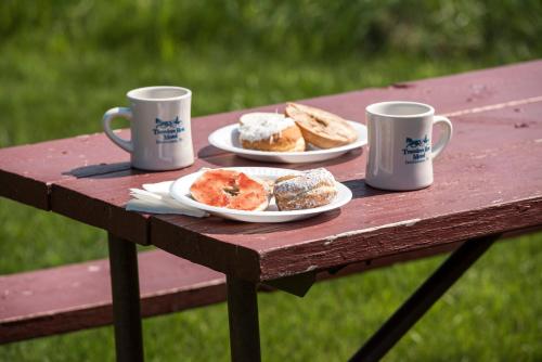 two cups and two plates of pastries on a picnic table at Travelers Rest Motel in Intercourse