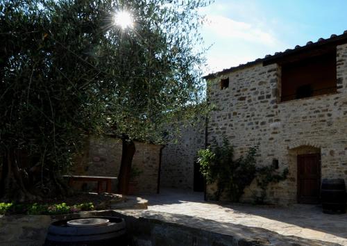 an old stone building with a tree and a bench at La Rimbecca Greve in Chianti in Greve in Chianti