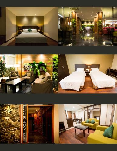 two pictures of a bedroom and a hotel room at Lazenda Hotel in Labuan