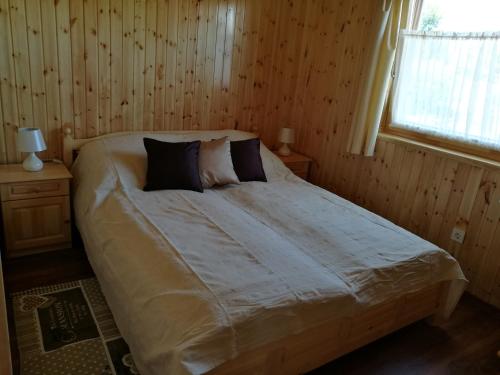 Una cama en una habitación de madera con ventana. en Faház, en Tiszaszőlős