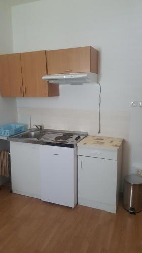 a small kitchen with a stove and a sink at Apartments Barbara in Podhum