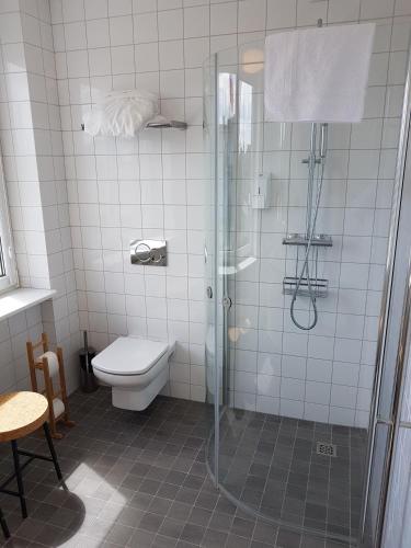 a bathroom with a shower and a toilet at Hemma rooms by IKEA in Zbąszyń