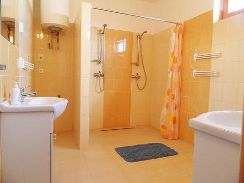 a bathroom with a sink and a shower at Ubytování ve Vinařství Michna in Velké Pavlovice