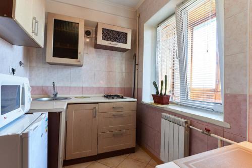 a small kitchen with a sink and a microwave at Home Hotel Apartments on Livoberezhna in Kyiv