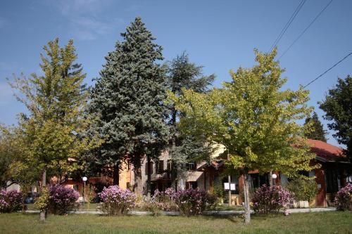uma casa com árvores e flores em frente em Locanda Lago Bleu em Pellegrino Parmense