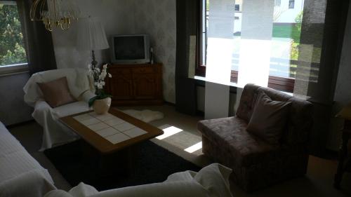 a living room with a couch and a table and a tv at 3 Sterne Ferienwohnungen Wachter in Bischofsgrün