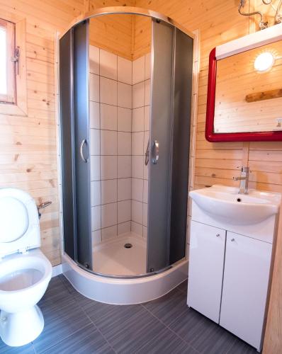 a bathroom with a shower and a toilet and a sink at Domki letniskowe Nadia in Grzybowo