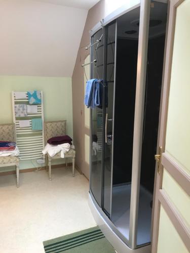 a bathroom with a glass shower in a room at Résidence La Beauceronne in Ouarville