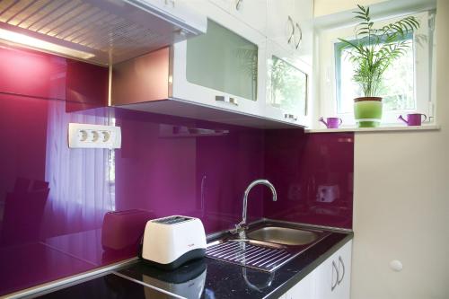 a kitchen with purple walls and a sink with a toaster at Apartment Andelina in Split