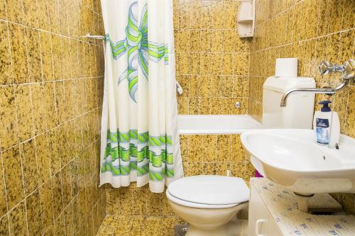 a bathroom with a toilet and a shower curtain at Apartment Tina in Starigrad-Paklenica