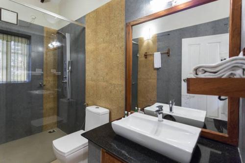 a bathroom with a sink and a toilet and a mirror at Neelakurunji Plantation Munnar in Chinnakanal