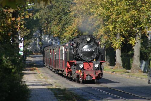a train is coming down the tracks at Hotel Doberaner Hof in Bad Doberan