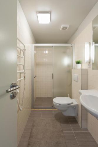 a bathroom with a shower and a toilet and a sink at Preilos vasara in Preila