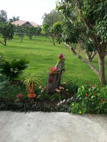 a garden with flowers and a bench in a park at House of Garden in Chiang Rai
