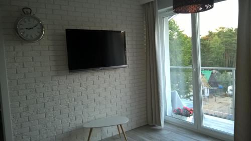 ジブヌベクにあるApartamenty Dziwnówekの煉瓦壁の窓際に設置されたテレビ