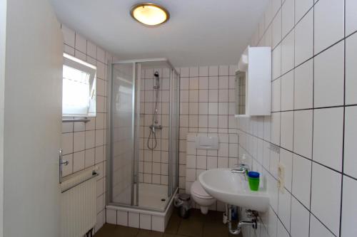 ティースゾーにあるFerienanlage Seehundのバスルーム(シャワー、洗面台、トイレ付)