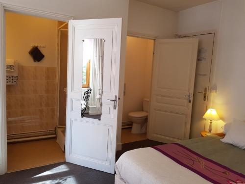 een slaapkamer met een bed en een badkamer met een toilet bij Hôtel de l'Île in Jumeaux