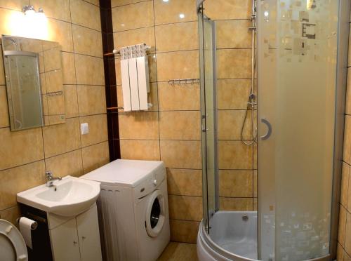 傑爾若紐夫的住宿－Apartament Romana，浴室配有卫生间、盥洗盆和淋浴。