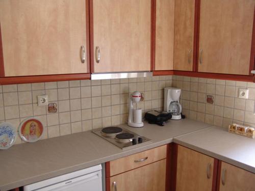 a kitchen with wooden cabinets and a counter top at Villa Pepy in Mesongi