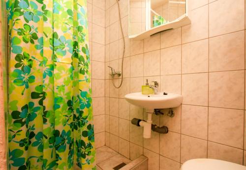 a bathroom with a sink and a shower curtain at Robinson Braco in Bogomolje