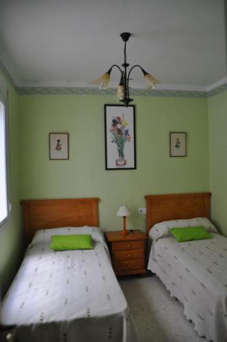 two beds in a room with green walls at Mirador de Santiago in Sanlúcar de Barrameda