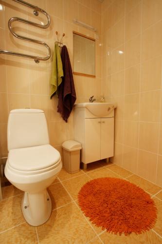 baño con aseo blanco y alfombra roja en LM Uus Külaliskorter, en Põlva
