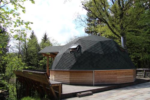 a building with a black roof on a wooden deck at Dům bratří Čapků in Budislav