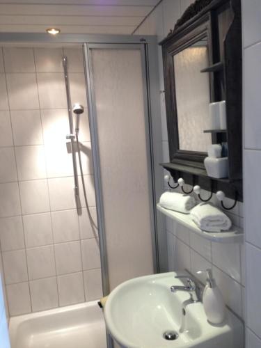 a bathroom with a shower and a sink and a mirror at Haus Guentli in Mittelberg