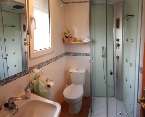 a bathroom with a toilet and a glass shower at Casa Bellavista in Segovia